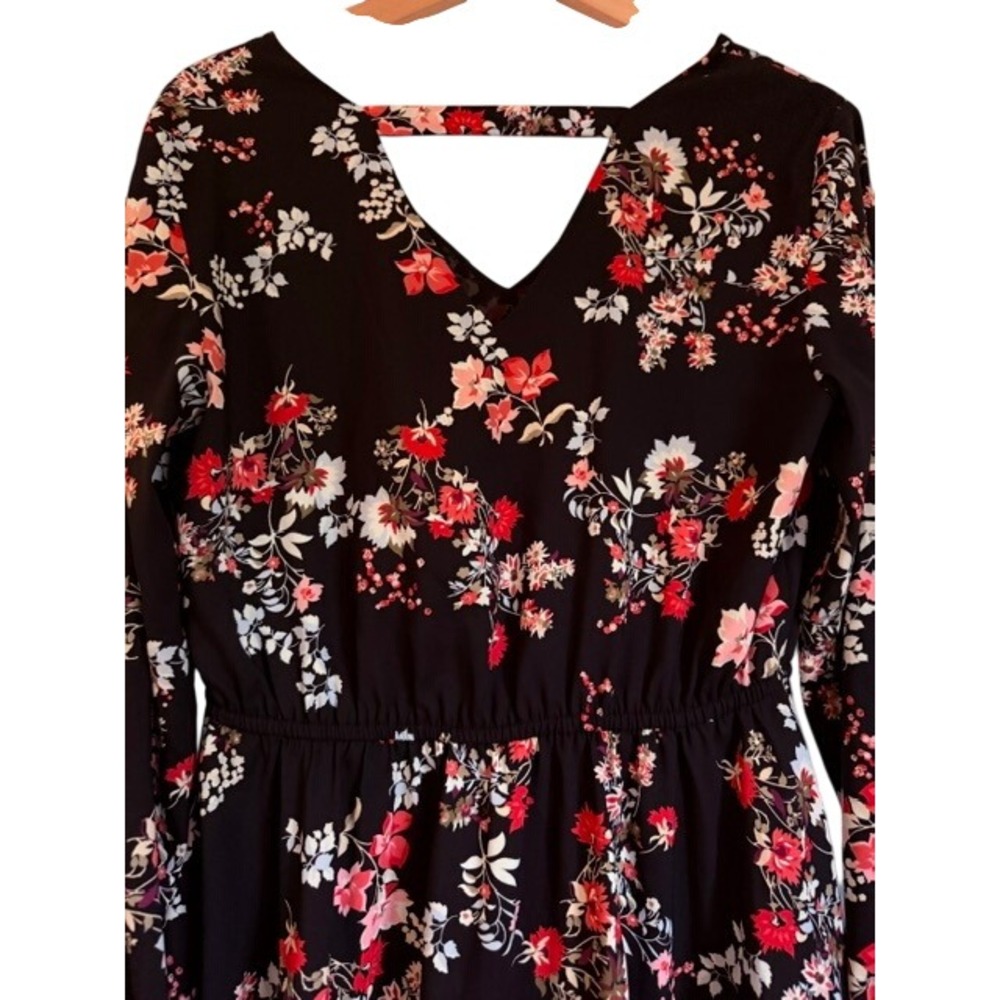LOFT Womens Small Black Floral V-Neck Cutout Back Long Sleeve Mini Dress - Picture 6 of 8